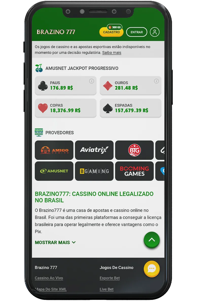 Captura de tela de um cassino online em um celular